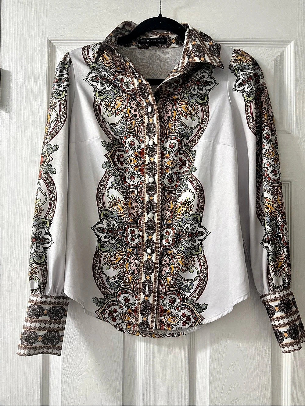 Boston Proper Victoria Chic Drama Sleeve Shirt White & Brown XS